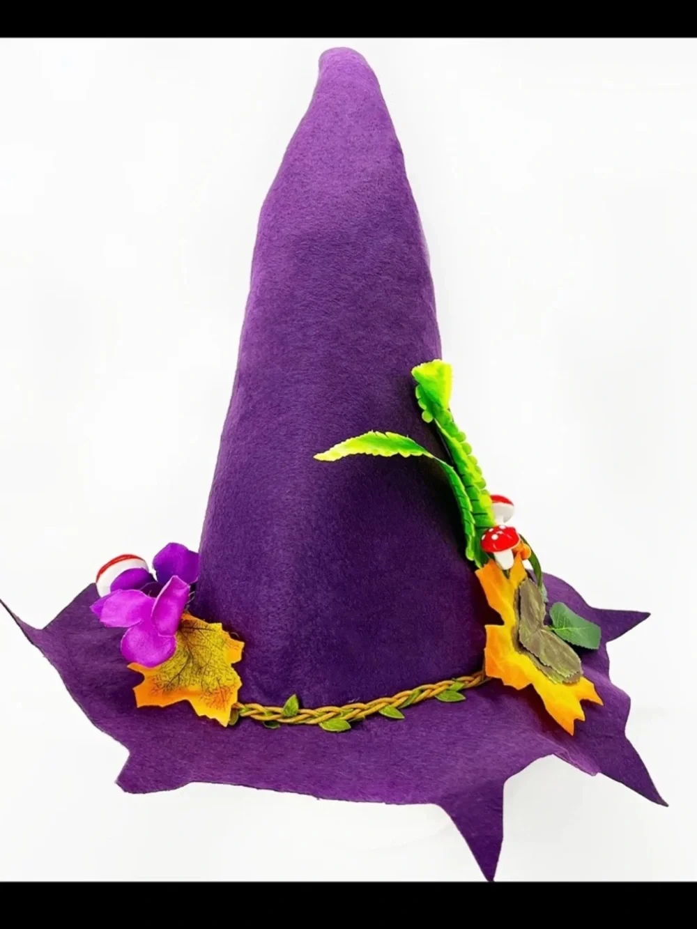 Purple Witch Hat with Fall Leaf & Mushroom Accents